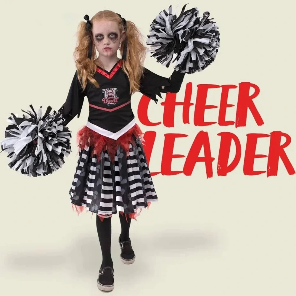 Zombie Cheerleader Costume Girls Size Small Black Red Spooky Halloween B3